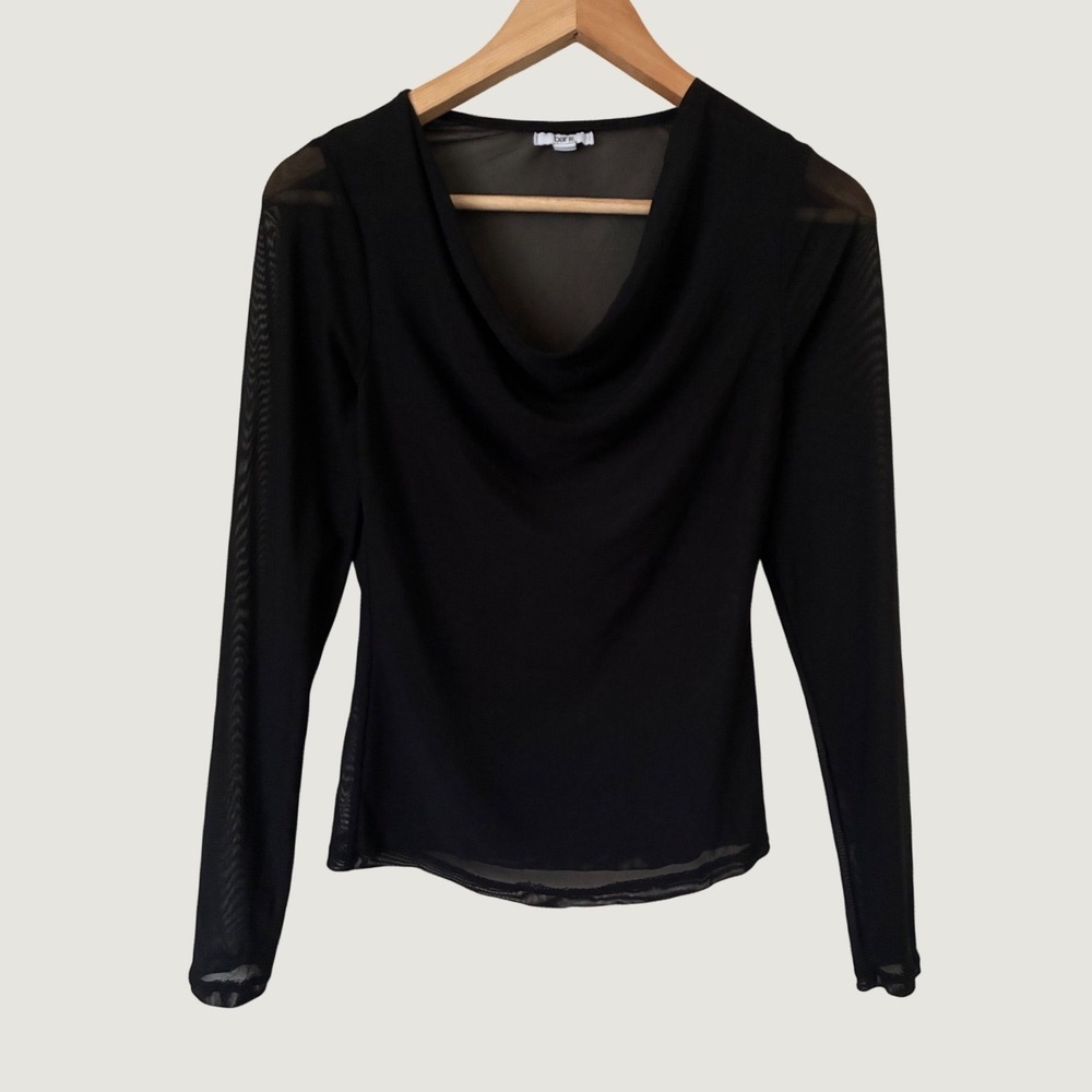 Bar III Women Black Sheer Mesh Cowl Neck Long Sleeve Top Grunge Goth S Festival